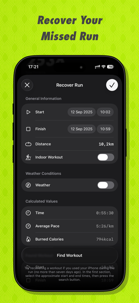 RUN — Running Club & Tracker - Interface do aplicativo RUN mostrando o recurso Recover Run com detalhes de registro manual de atividade, incluindo ritmo e distância