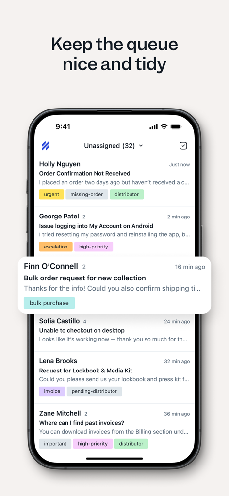 Help Scout - Help Scout app interface showing a list of unassigned customer support conversations with colorful category tags.