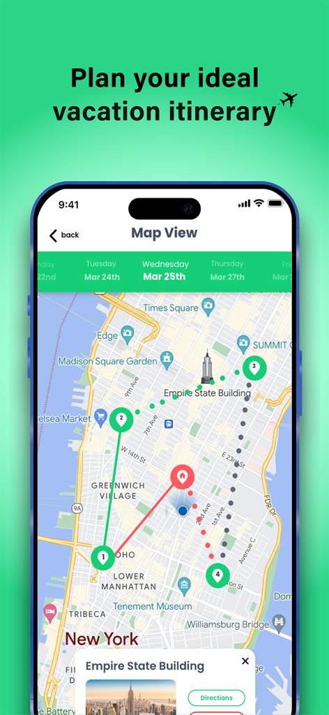 Travel Genie app displaying a New York City itinerary on a map