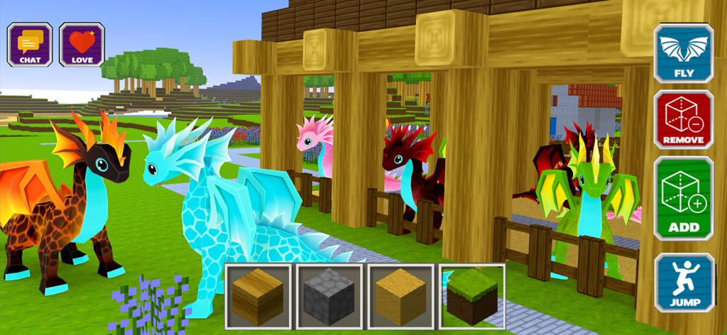 Colorful dragons standing in a block-style stable in Dragon Craft 3D Survival gameplay.