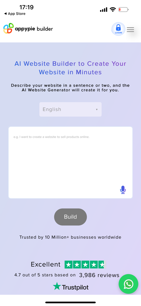 Interface of the Appy Pie AI Website Builder showing a text input box to describe a website and a Build button.