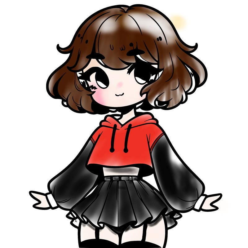 cute femboy with short, fluffy hair that softly frames their face, wearing a cropped hoodie, paired with a flouncy short skirt, and thigh-high stockings