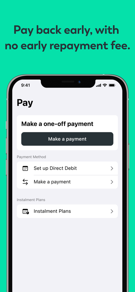 Newpay - Newpay mobile app screen showing options to make a one-off payment, set up direct debit, and manage installment plans.