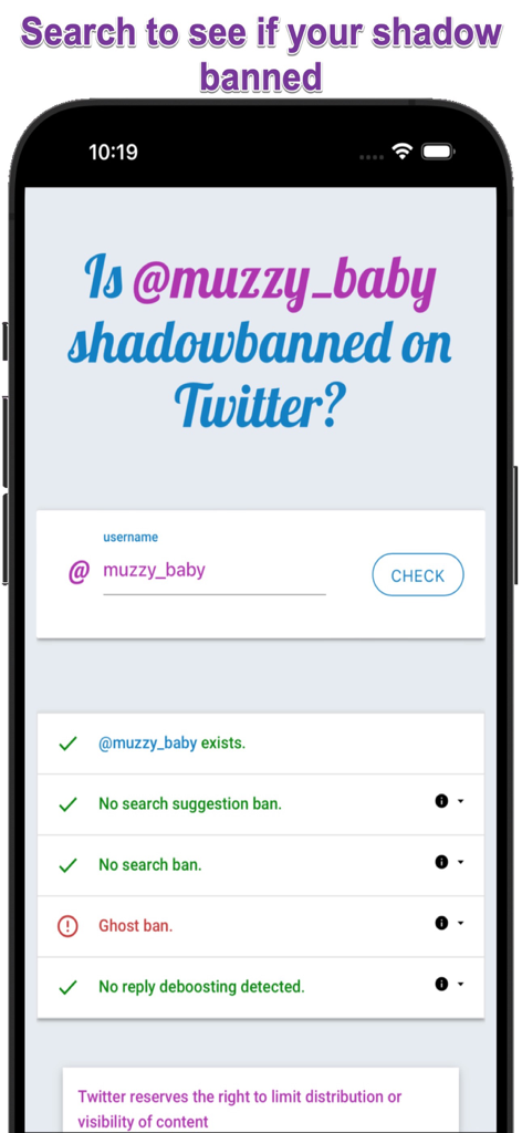 Interfaz de la aplicación Shadowban Test que muestra una comprobación del estado de la cuenta de Twitter con resultados de visibilidad