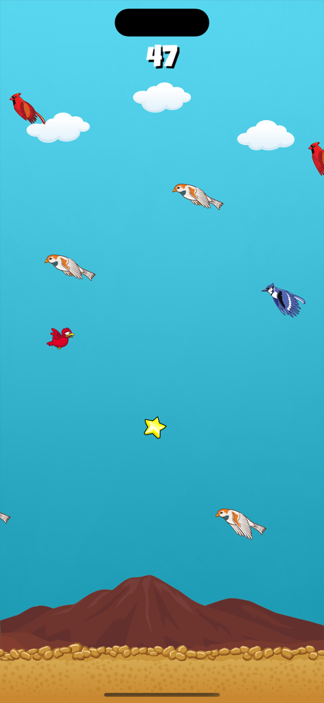 새들이 하늘을 날고 별을 모으는 Crazy Bird Classic 게임 플레이를 보여줍니다