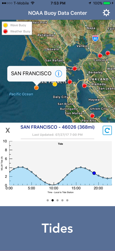 Ocean Water Temperature App, die eine Karte der San Francisco Bojen und ein Gezeitendiagramm zeigt
