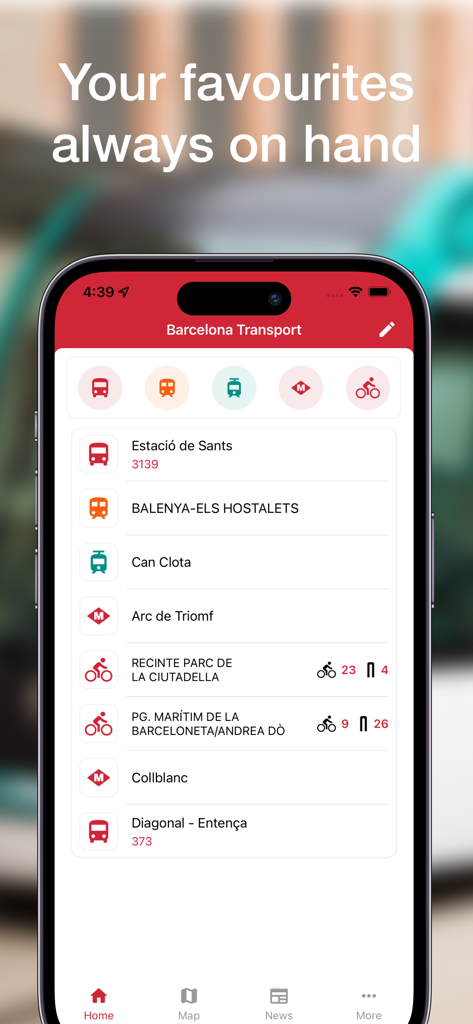 Barcelona Transports - Barcelona Transport app screen showing favorite transit stops and bike stations