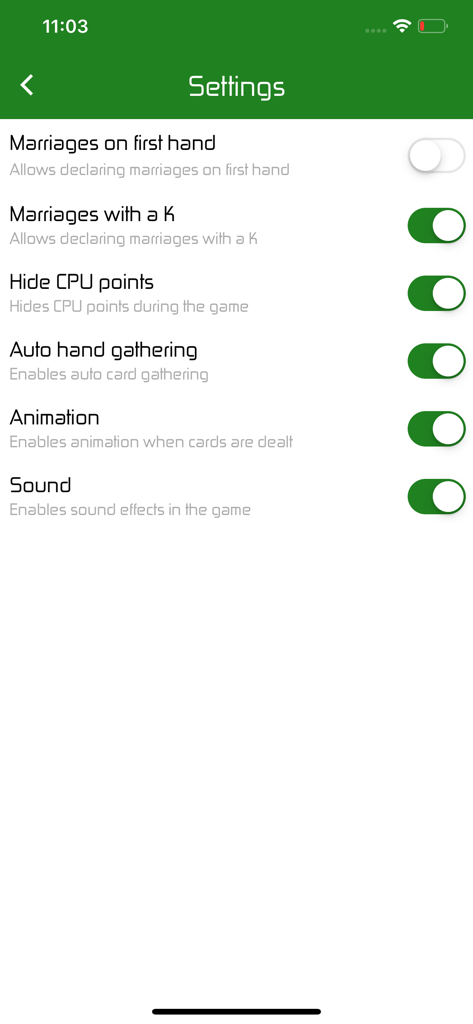 Customizable game settings for 66 Santase classic card game