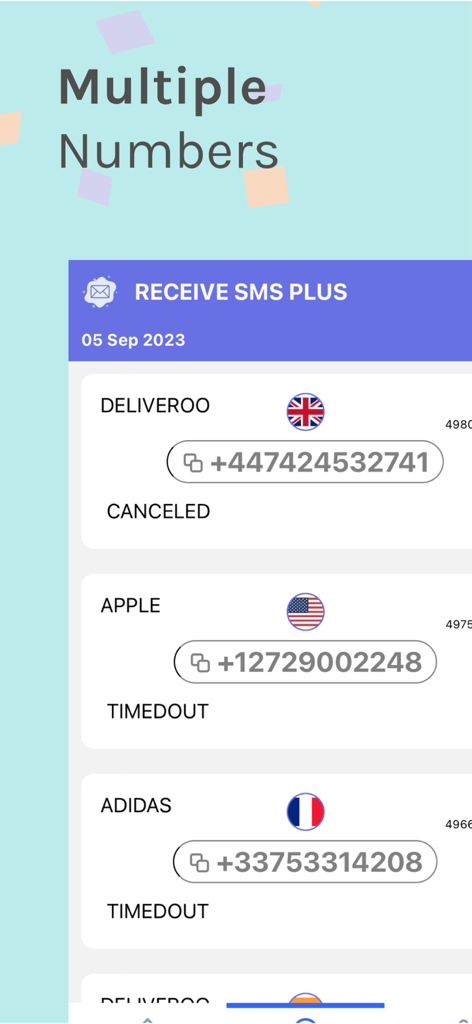 Receive SMS Plus - Interface do Receber SMS Plus mostrando vários números de telefone virtuais internacionais para verificação de SMS.