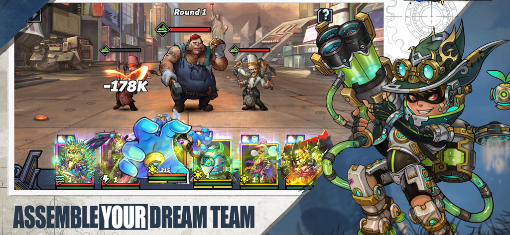 Clone Evolution: Cyber War - Clone Evolution Cyber War gameplay showing character combat with the text Assemble Your Dream Team