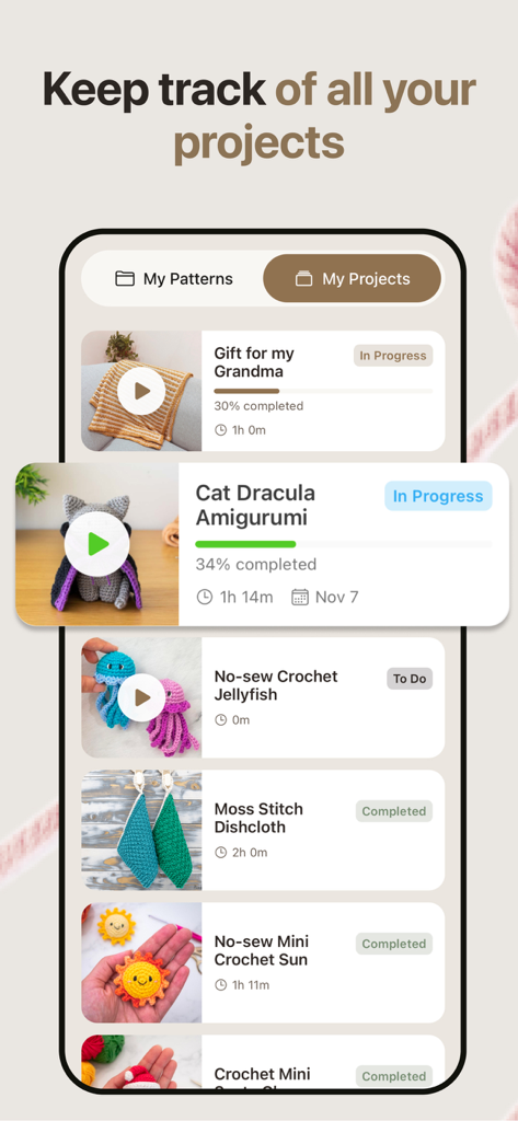 Knitta: Crochet Journal - Una lista de proyectos de crochet y tejido en la app Knitta que muestra porcentajes de progreso y actualizaciones de estado