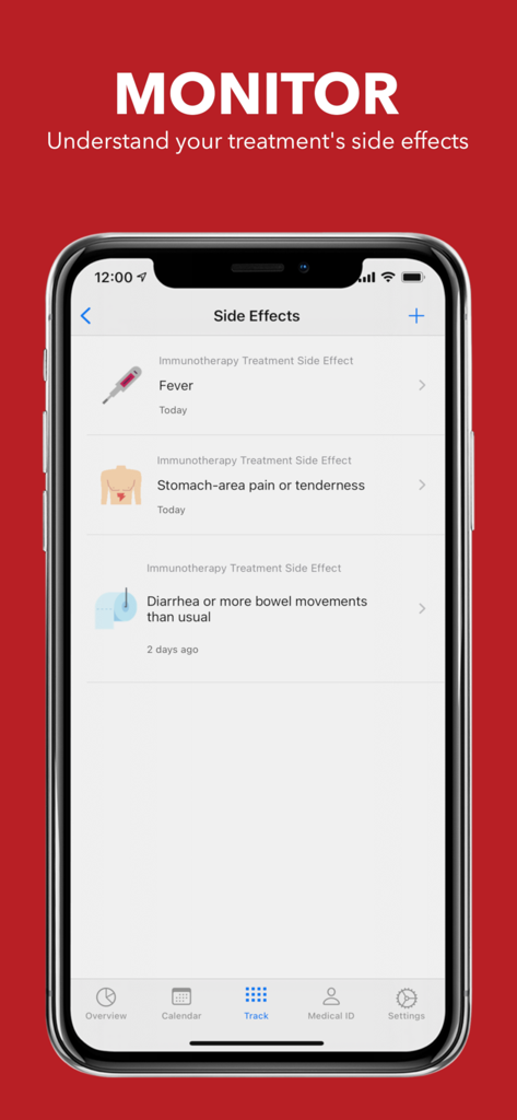 My Cancer Tracker - My Cancer Tracker app interface showing a list of tracked immunotherapy side effects like fever and stomach pain.