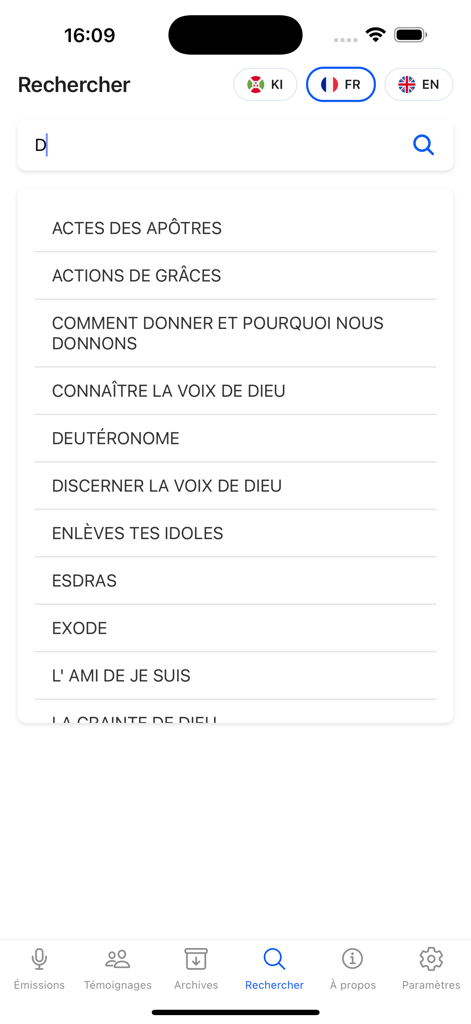 Kanguka - Search interface of the Kanguka app showing a list of biblical topics in French like Exodus and Deuteronomy