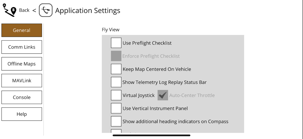 ANRA QGroundControl - ANRA QGroundControl app settings screen showing Fly View options including preflight checklists and map display configurations.