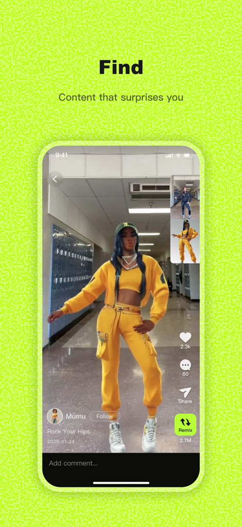 Viggle AI: Meme Maker - Feed de descoberta do aplicativo Viggle AI mostrando um personagem gerado por IA em um agasalho amarelo dentro de um ambiente de corredor de escola.