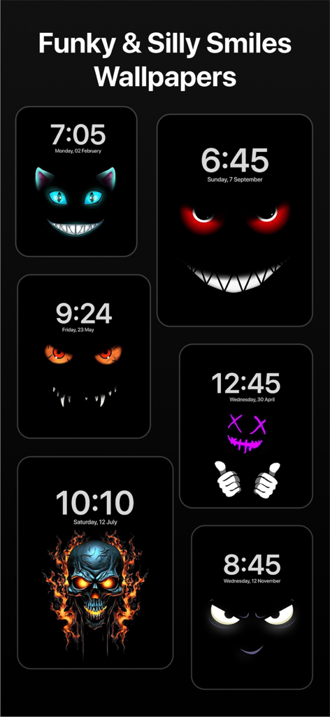 Silly Smiles Live Wallpapers - A collection of dark and funky lock screen wallpapers featuring glowing neon smiles and character faces
