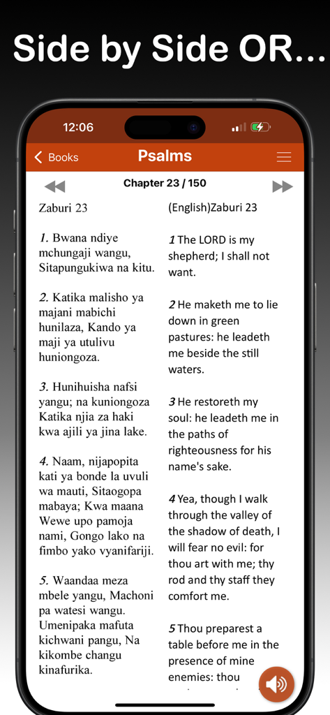 Swahili Bible: Biblia Takatifu - A mobile screen showing Swahili and English Bible verses side-by-side in parallel mode for Psalm 23.