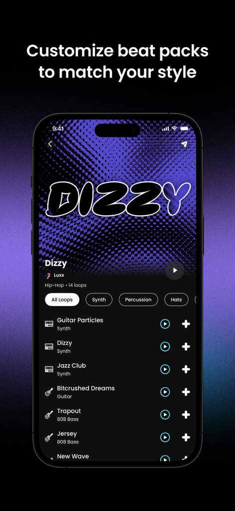 Smartphone screen showing the Overtune app interface with a list of hip hop loops and instrument stems for beat making