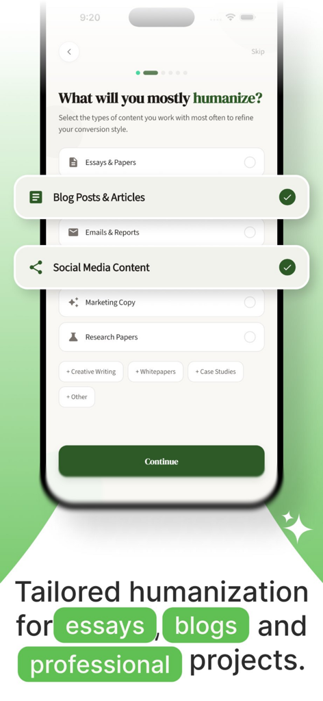 Mobile screen showing options to select content types like essays and blogs for AI humanization