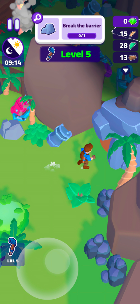 Island Scavenger: Wild Mystery - クエストとリソースUIを備えたアイランド・スカベンジャーのモバイルゲームで、熱帯環境を走るキャラクター