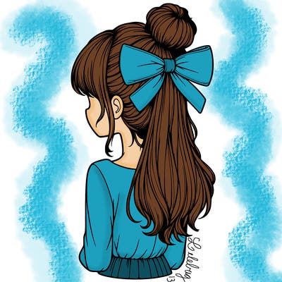 realistic girl  with hip length hair a bun and a big bow on the back of head