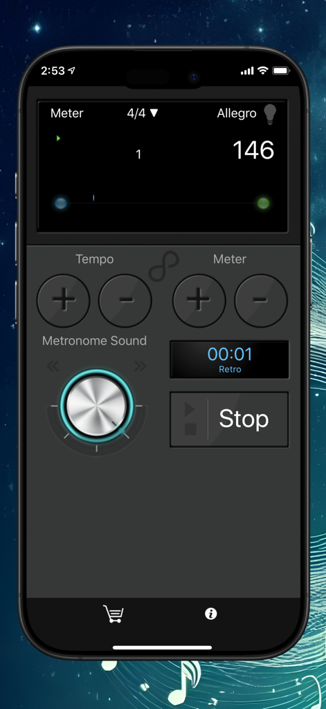 Interfaccia dell'app Metronomo che mostra 146 BPM e il termine di tempo Allegro