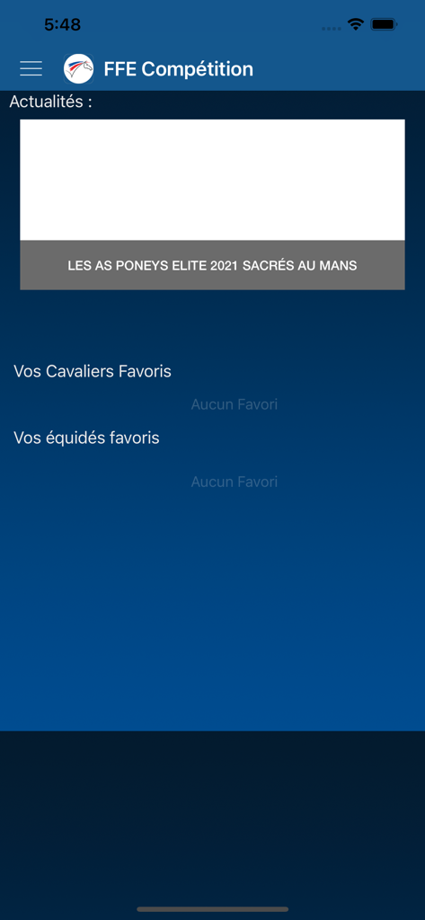 FFE Compétition - Pantalla de inicio de la aplicación FFE Compétition mostrando noticias ecuestres y secciones para jinetes y caballos favoritos