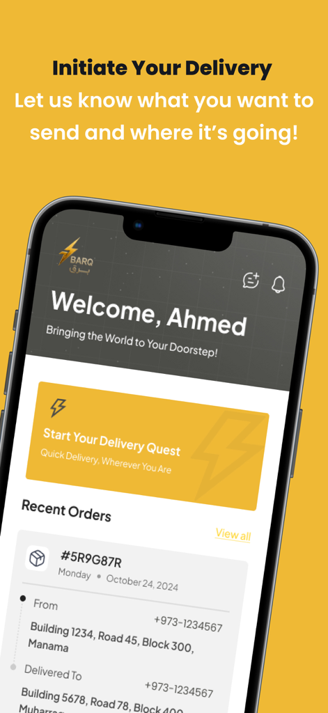 BARQ-برق - BARQアプリのホームインターフェイス、歓迎メッセージ、配達サービスのための最近の注文履歴が表示されたスマートフォンの画面