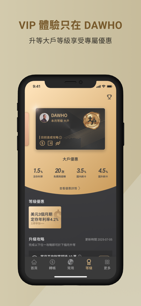 永豐銀行大戶DAWHO - DAWHO app interface showing VIP membership levels and exclusive banking benefits like high interest rates and cashback.