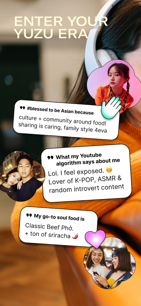 Mobile app screen for Yuzu showing cultural profile prompts and photos of Asian American community members