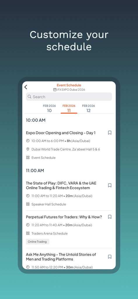 iFX EXPO - Interface of the iFX EXPO app showing the event schedule with sessions like The State of Play and Perpetual Futures for Traders