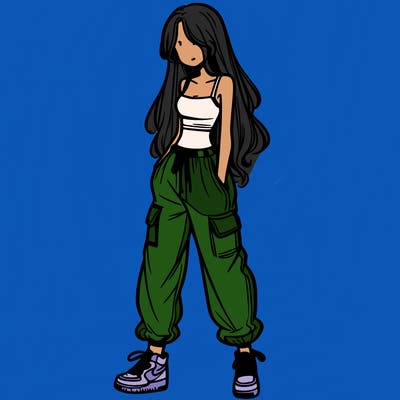 girl in baggy pants crop top and long hair
