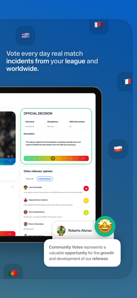 Ref House Org - Referees app - Interface of Ref House Org app showing a match incident analysis with official decisions and community referee votes