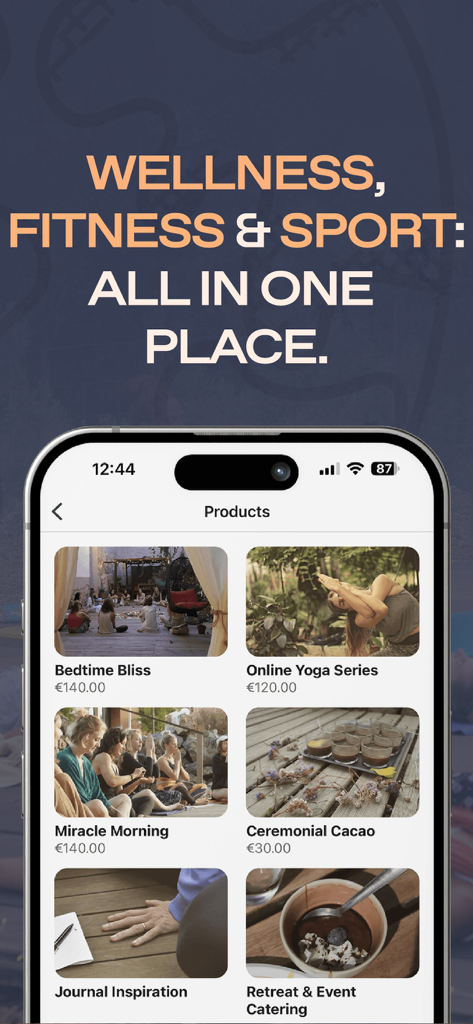 Peach - Classes & Workshops - Smartphone screen displaying the Peach app with various wellness and fitness workshops and classes.