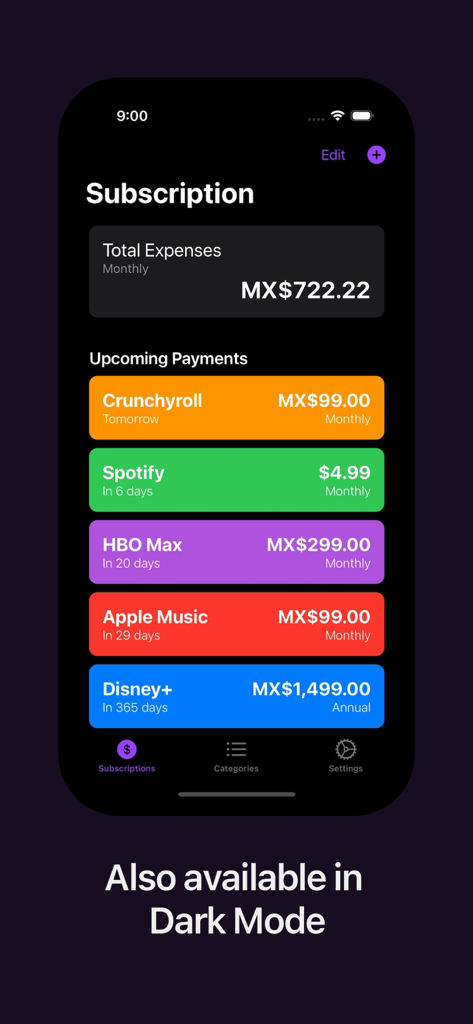 Payments Manager: Subscrible - Subscrible app interface in dark mode showing monthly subscription costs and upcoming payments.