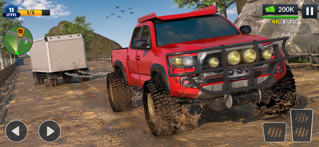 4x4 Offroad Truck Driving Game - Red 4x4 truck towing a trailer through muddy terrain in an offroad driving simulation game