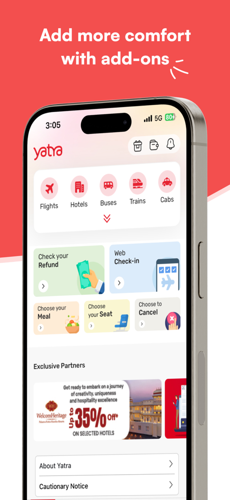 Yatra - Flights, Hotels & Cabs - Interfaz de la pantalla de inicio de la aplicación Yatra que muestra categorías de viaje y opciones adicionales como selección de comida y asiento