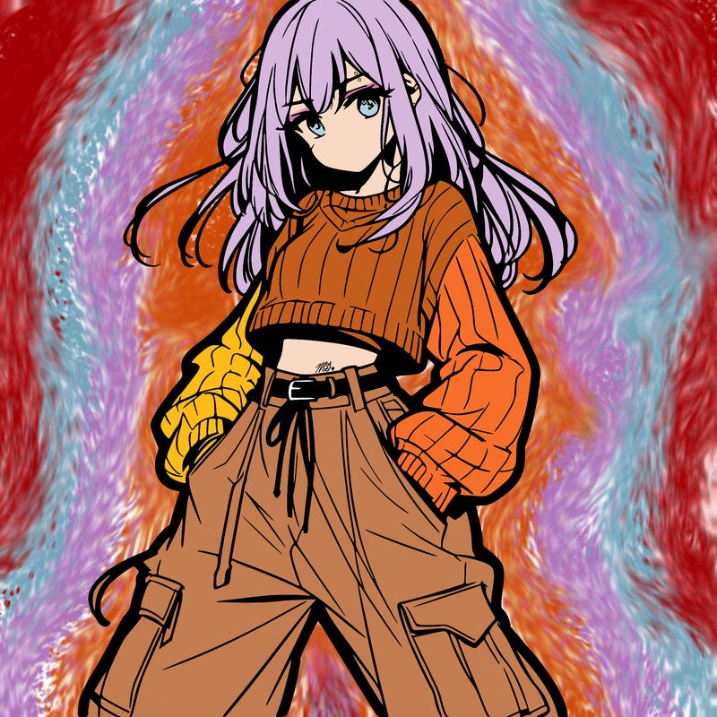 anime teen girl with baggy pants and crop top with sweater