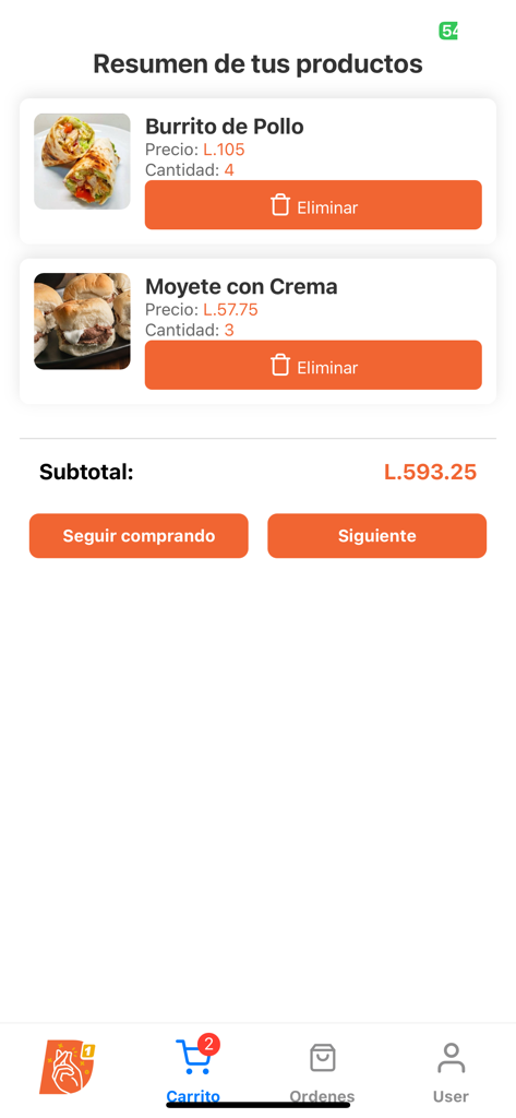 Deuna Go - Tela de resumo do carrinho de compras do aplicativo Deuna Go mostrando pedidos de comida local e subtotal