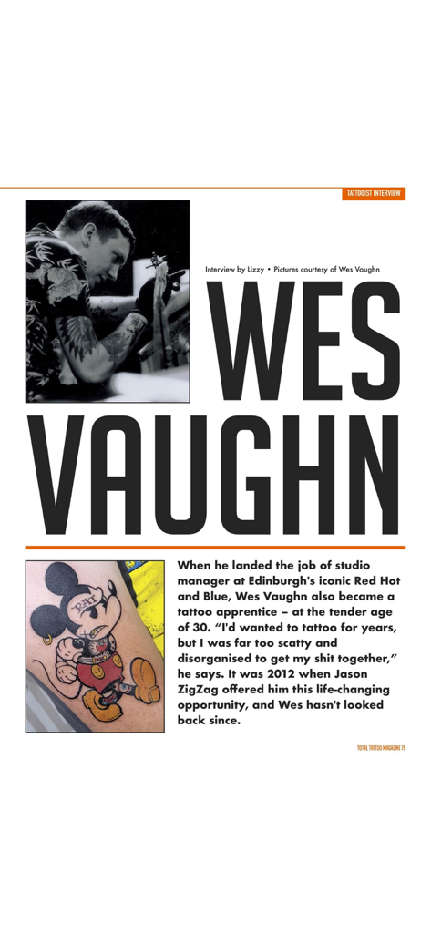 Digital magazine article featuring tattoo artist Wes Vaughn with a photo of a punk Mickey Mouse tattoo