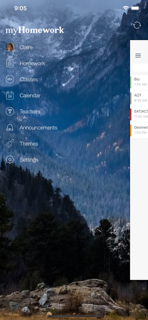 El menú de navegación de la app myHomework Student Planner que muestra funciones de organización escolar como tareas, clases y calendario sobre un fondo de montaña
