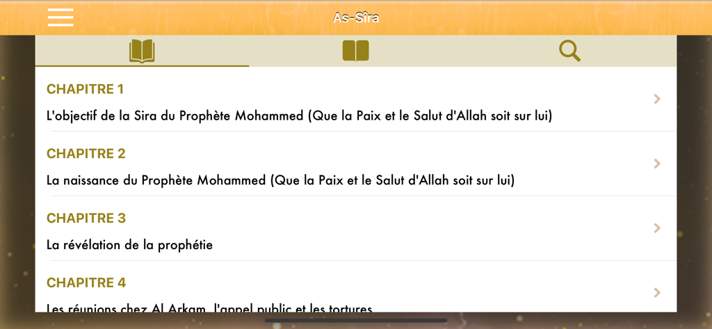 Captura de pantalla de la tabla de contenido de la aplicación As-Sira que enumera los capítulos biográficos en francés.