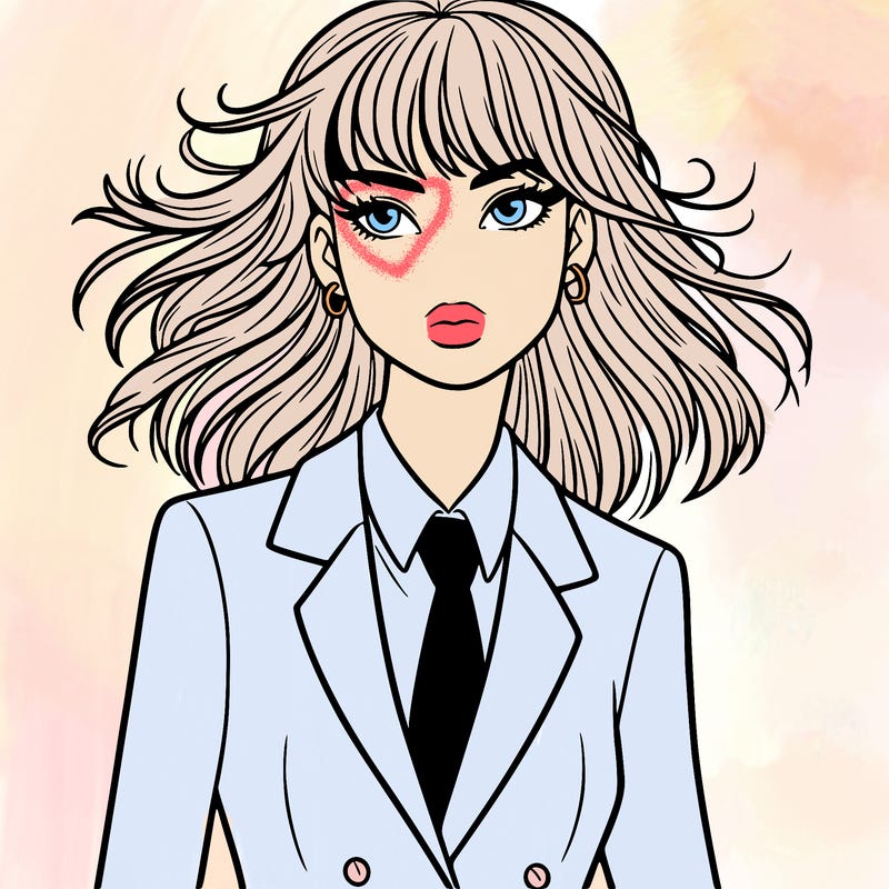 woman in a suit with bangs and hair blowing in the wind