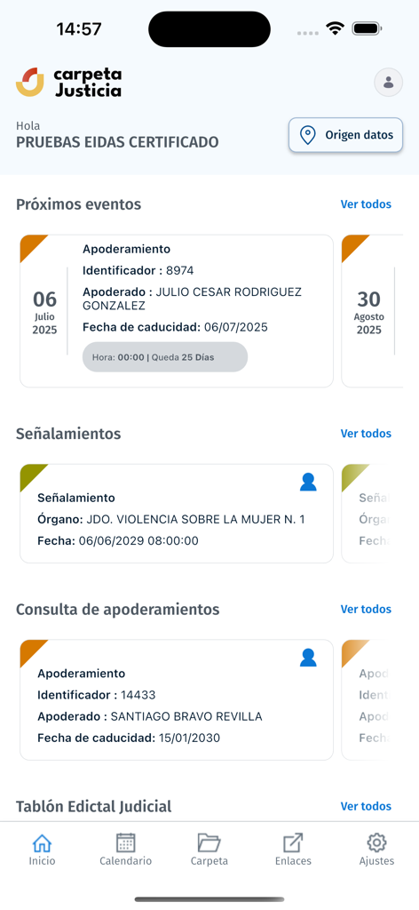 Carpeta Justicia - Home dashboard of the Carpeta Justicia mobile app showing upcoming judicial events and power of attorney details.