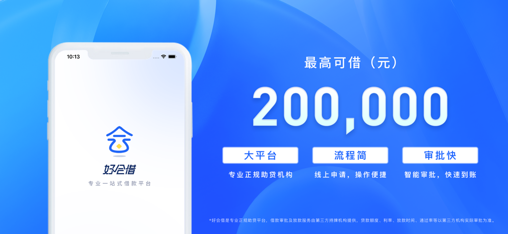Hao Hui Jie mobile app interface showing a maximum loan limit of 200,000 Yuan and fast approval features