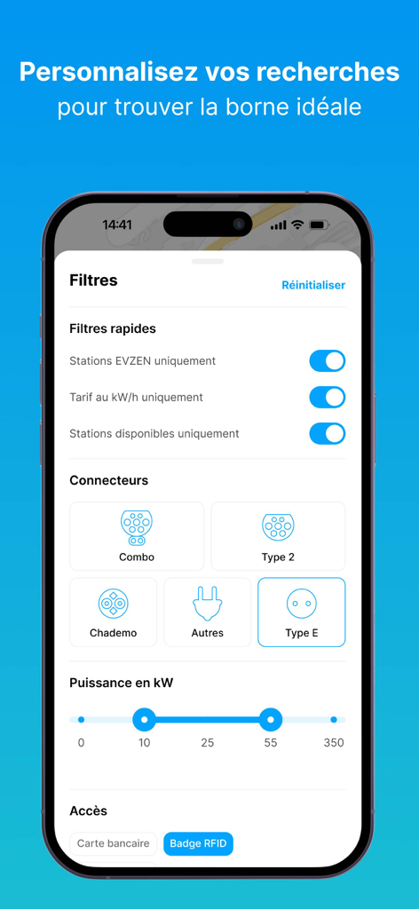 EVzen Charge - EVzen Charge app search filters for electric vehicle charging stations showing connector types and power settings