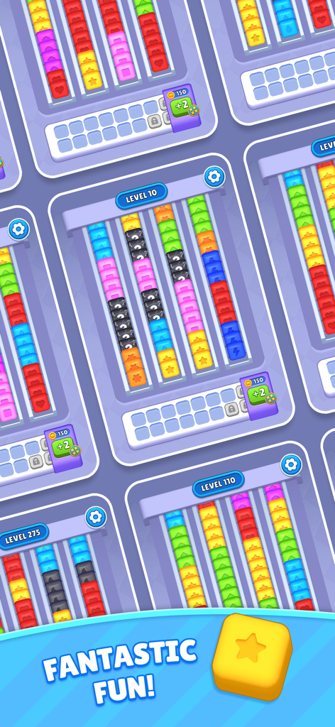 Sorting Cube Jam - Un collage de pantallas de juego de Sorting Cube Jam que muestran cubos con patrones coloridos organizados en cintas transportadoras en diferentes niveles