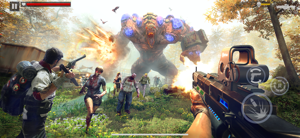 Zombie Fire 3D: Offline Game - A first-person perspective of a player shooting at a massive glowing zombie boss and several walkers in a forest setting.