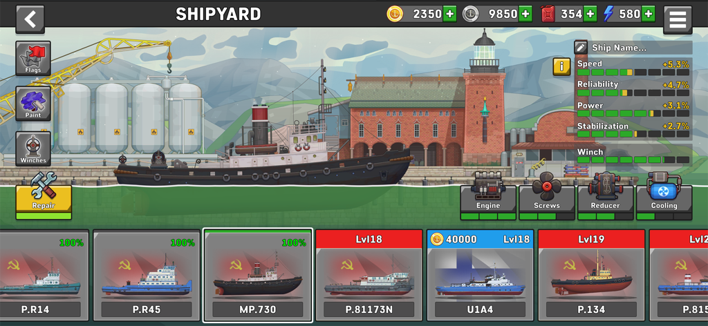 Ship Simulator: Boat Game - Un menú de astillero en Ship Simulator Boat Game que muestra estadísticas técnicas del barco y opciones de mejora mecánica