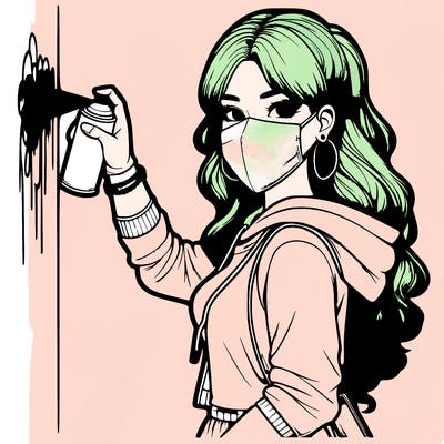 realistic girl with mask spray painting a wall